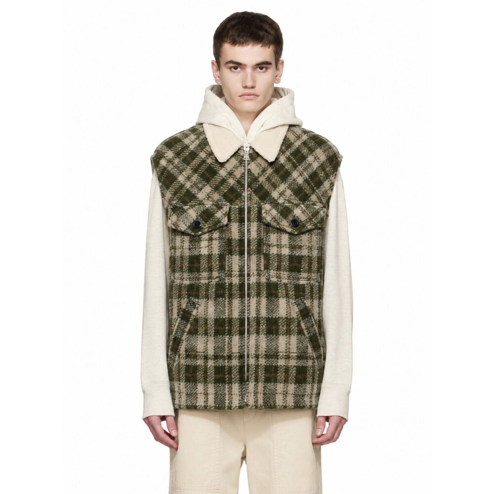 Isabel Marant Kiraneo Vest Khaki Ecru Plaid Sherpa Wool Blend NWT Men’s M